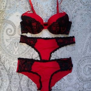 Valentine’s Day red black lace lingerie 3 pc set